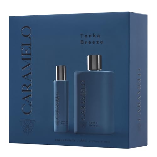 CARAMELO - Tonka Breeze Estuche Regalo 100 + 30 ml, Colonia Hombre, Pack 2, Perfume Formato Spray, Eau de Toilette Natural y Masculina, Aroma Ambarado Aromático, Fragancia Fresca, Elegante