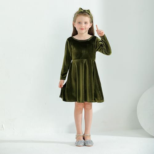 Weixinbuy Toddler Girl Fall Winter Clothes Outfit Baby Girl Velvet Twirl Dress Long Sleeve Pocket Swing Party Dress for Girl Olive-Green — view 2