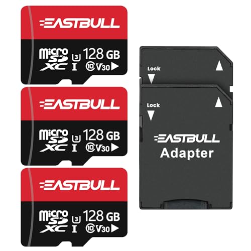 EASTBULL - Tarjetas de memoria Micro SD de 128 GB + adaptador SD para smartphones, ordenadores de sobremesa y drones, A1 U1 C10 V10, Full HD y 4K UHD, tarjeta TF (3 unidades + 2 adaptadores)