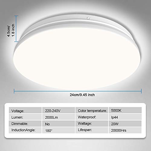 Led-plafondlamp, koel wit, badkamerlamp, waterdicht IP44, 20W 2000 lumen, ideaal voor slaapkamer, keuken, woonkamer, hal, balkon, Ø24CM stralingshoek 180° - Afbeelding 8