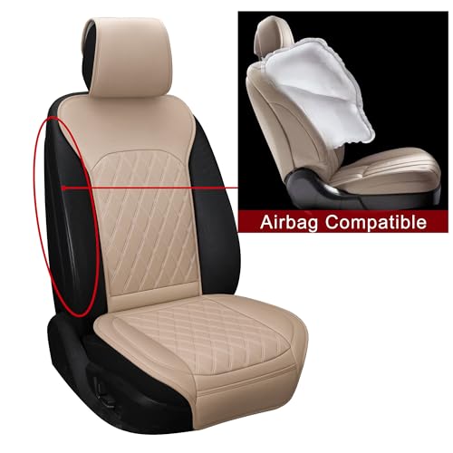 Image of Front Car Seat Covers - Leather Seat Covers with Storage Pocket and Two Belt Pads, Anti-Slip Waterproof Universal Seat Covers for Cars Fit Cars Trucks SUV(Beige,2 Pack)