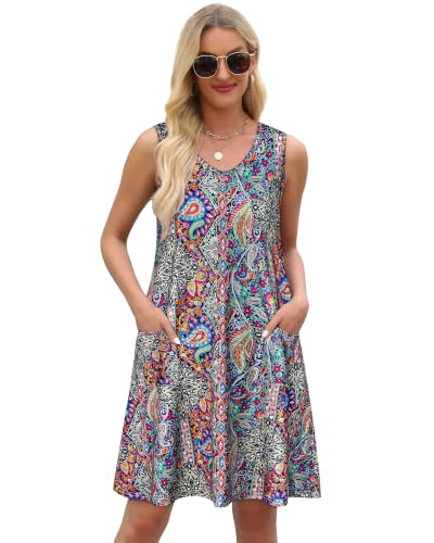 Image of elescat Womens Summer Dresses Casual V Neck Sleeveless Pockets Beach Loose Tank Sundress 2026