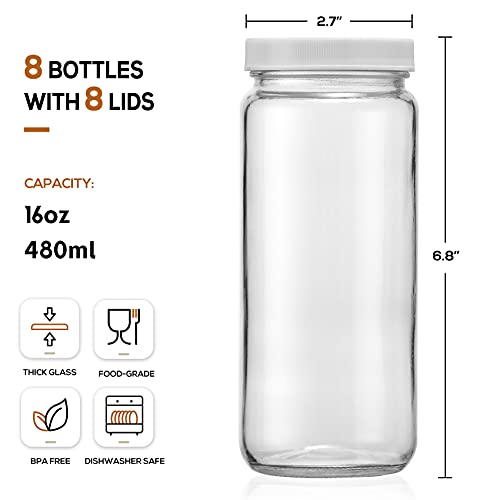 Aozita Z62-W8GZP [ 8 Pack ] Glass Juicing Bottles With 2 Straws & 2 Lids W Hole- 16 Oz Travel Drinking Jars, Water Cups With White Airtight Lids, Reusable Tall Mason Jar For Juice, Bubble Tea, Smoothie thumb #1