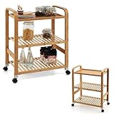 KOMFOTTEU Carro de Servicio de Bambú de 3 Niveles, Carrito Auxiliar con 4 Ruedas Giratorias, Carro de Cocina con Asas Laterales, Estantes de Listones, para Comedor, Salón, 58 x 33 x 76 cm