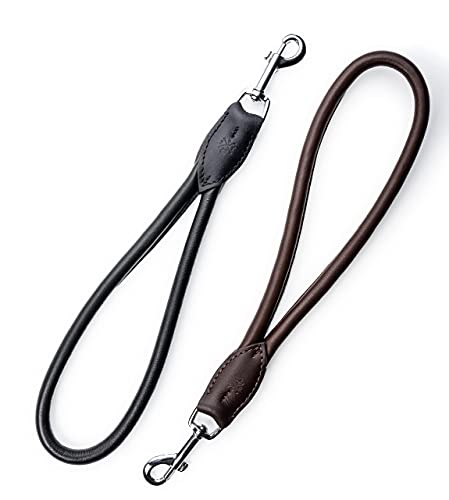 Kurzführer Hundeleine Bear 30cm - Kurze Hundeleine aus Echt-Leder rundgenäht – Hunde Lederleine kurz (Schwarz)