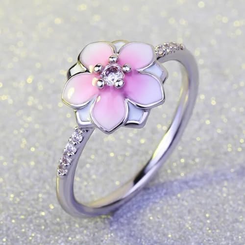 New 2024 Original Pink Enamel Magnolia Bloom Ring With Crystal For Women 925 Sterling Silver Ring Wedding Party Gift Fine Europe Jewelry Fashion Accessories Creative Gift2