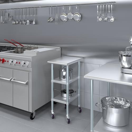 Image of AmGood Stainless Steel Work Table with 2 Shelves and Casters | Metal Utility Table On Wheels (Stainless Steel Work Table with 2 Shelves + Casters, 15 inch Long x 24 inch Deep)