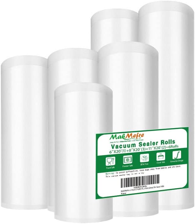 MakMeFre Paquete de 6 bolsas selladoras al vacío de 6 x 20 pies (1 rollo) de 8 x 20 pies (3 rollos) y 11 x 20 pies (2 rollos) para alimentos, grado