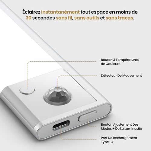 Lumic Mouvement 3.0 - Marque Française - Réglette LED Sans Fil à Détecteur de Mouvement - Rechargeable par USB - 3 Couleurs D'Éclairage - Batterie Longue Durée (23cm, 1, Lot) – vue 2