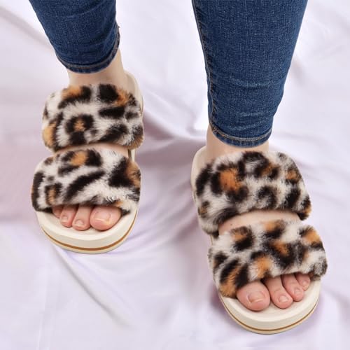 Image of COFACE Fuzzy Slippers for Women Open Toe Orthopedic Slippers Arch Support Fax Fur Slides Plantar Fasciitis Woman House Slippers Indoor