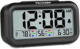 Peakeep Indoor Humidity Temperature Digital Alarm Clock for Bedrooms, Smart Night Light, Battery