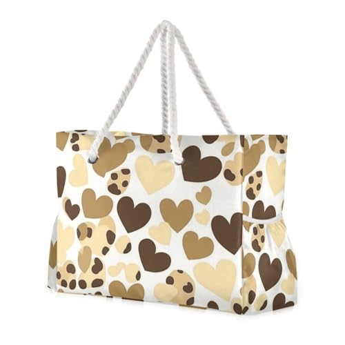 Brown Leopard Heart Sandproof Tote Carry On Luggage with side pocketes Weekender Overnight Bag with zippered pockets