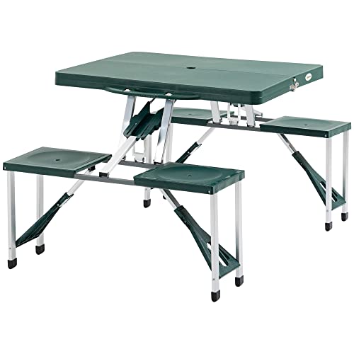 Outsunny Mesa Maleta de Camping Plegable Portátil 4 Asientos y Agujero Sombrilla Estructura Aluminio Playa Picnic 84.5x64.5x66cm (Verde)