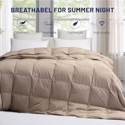 SNOWMAN Extra-Soft Down Blanket King, Lightweight Down Comforter with 8 Corner Tabs, Cooling Bed Comforter for Hot Sleepers, 22oz Fill Weight and Noiseless Down Proof Fabric (Khaki, 106"x90")