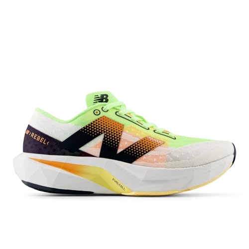 New Balance Women's FuelCell Rebel V4 Running Shoe, White/Bleached Lime Glo/Hot Mango, 8