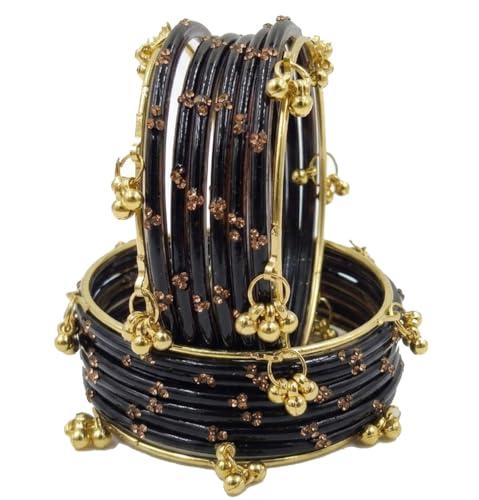 Image of NMII Viral Multi Colour Glass Bangles with Golden Ghungroo Charms & Stone Work For Women & Girls | Fancy Designer Glass Bangle | Traditional Chudi | Kanch Ki Churi | Stylish Ghungroo Bangle For Women