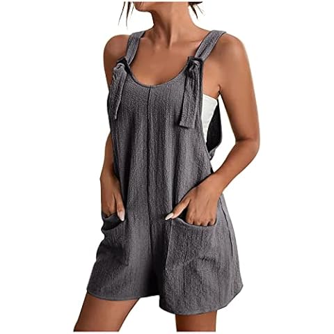 Zkuisw The Prime Big Deal Days Rompers for Women 2024 Summer Sleeveless Tie Knot Strap Jumpsuit Solid Casual Loose Short Bib Overalls with Pockets Cover