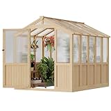 Outdoor Wooden Garden Hot House, Reinforced Fir Wood Structure and Polycarbonate Walk-in Greenhouse Kit with Staging Shelves,Wall Hooks,Safety Vents,Door Latch,Doorstop Hook for All-Weather Gardening
