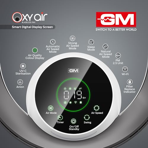 Image of GM Oxy Air Bladeless Fan with Air Purifier and LED Light | Powerful BLDC Motor | Voice Command | Wi-Fi Control | Silent Operation | Up to 8 Hours Timer | 9 Speed Levels | Low Power Consumption