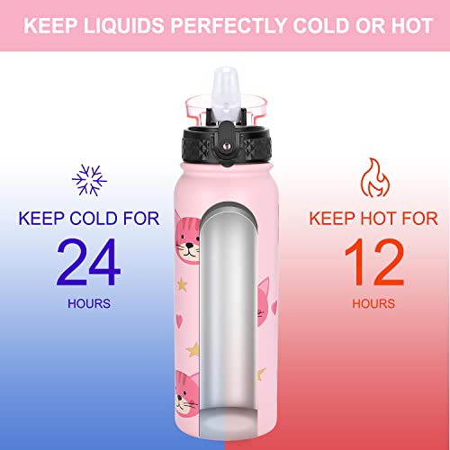 GOPPUS 600ml/20oz Stainless Water Bottle with Straw Double Wall Insulated Bottles with Strap One Hand Open Vacuum Thermal Flask Leakproof Keep Cold Bottles with Flip Top Lid BPA Free (Pink Cat) - Image 3