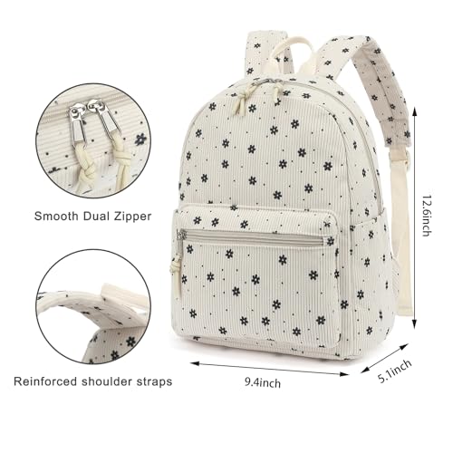 Image of Corduroy Womens Mini Backpack Girls Small Backpack Purse Fashion Casual Daypack School Bookbag (Floral Beige)