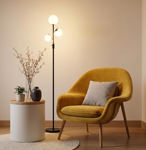 Image of Fiqevs Mid Century Modern 3 Globe Tree Floor Lamp - Dimmable LED Standing Lamp with Bulbs, Warm Light for Living Room Bedroom Office - Black