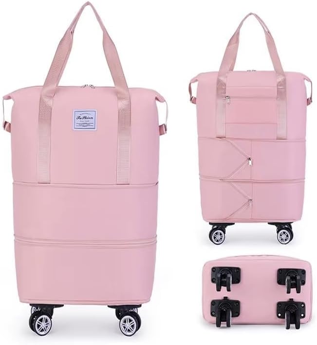 Duffel Bag with Wheels Rolling Foldable Expandable Carry-On Luggage Large Weekend Travel Bag (Pink)