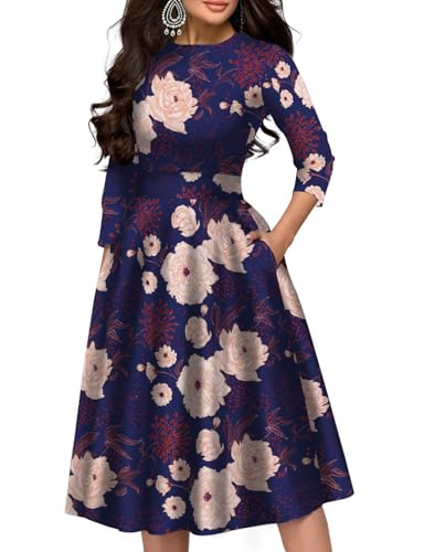 Image of Simple Flavor Women's Floral Vintage Dress Elegant Midi Evening Dress 3 /4 Sleeves