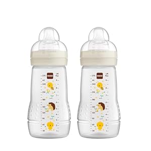 MAM Easy Active Trinkflasche im 2er-Set (270 ml), Baby Trinkflasche inklusive MAM Sauger Größe 1 aus SkinSoft Silikon, Milchflasche mit ergonomischer Form, 0+ Monate, Biene/Igel