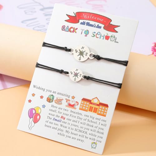 Back to School Bracelets, First Day of School Gift Matching Compass Charms Rope Adjustable Bracelets for Mom and Daughter Wish Strings Bracelet Jewelry Set2