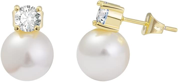 14k Gold Plated Brass Simulated Pearl Stud Earrings with CZ Top