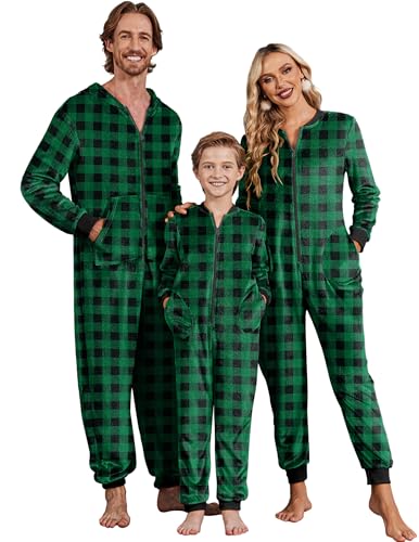 Ekouaer Christmas Onesie Matching Family Fleece Hooded One Piece Zipper Long Sleeve Pajamas with...