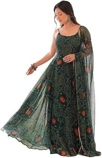 LV'S TRENDZ Women's Bandhani Printed Chiffon bandhej Anarkali Maxi Dress with Dupatta and Pant | Sleeveless Noodle Strap E... Price In India