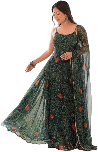 LV'S TRENDZ Women's Bandhani Printed Chiffon bandhej Anarkali Maxi Dress with Dupatta and Pant | Sleeveless Noodle Strap E...