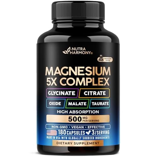 Magnesium Supplement - 5 in 1 Complex | Glycinate | Citrate | Malate | Taurate | Oxide - Made in USA - Stress, Muscle & Heart Support - Vegan, Natural, Non-GMO - 180 Capsules, 2 Month Supply