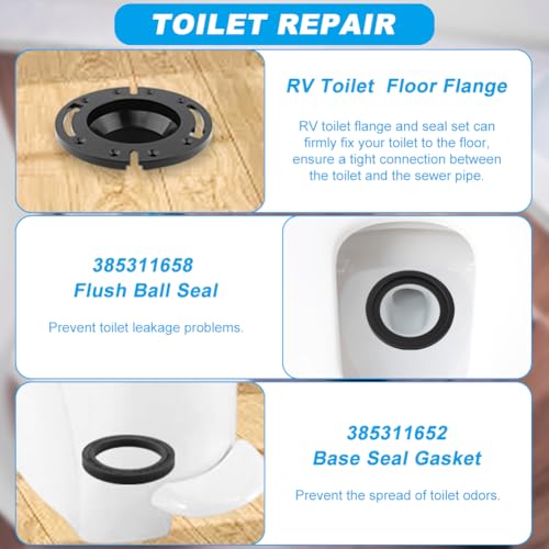 Image of MAYIT RV Toilet Seal and 3 inch Socket Flange Kit Replacement Fit for RV 300 /310 /320 RV Toilets Replacement Parts 385345892 Flange, 385311658 Flush Ball Seal, 385311652 Base Seal