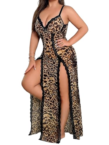 Image of Alrovetoney Plus Size Lingerie For Women Babydoll Sexy Mesh Maxi Nightdress Exotic Sleepwear Side Slits