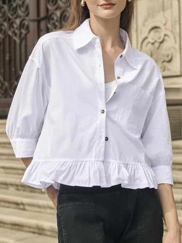 Cicy Bell Womens Cropped Button Down Shirts 3/4 Length Sleeve Casual Cotton Blouses Loose Fit Ruffle Hem Tops White — view 3