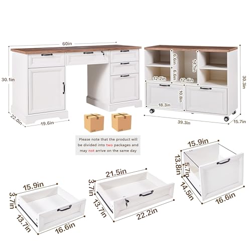 LayBurst 60\" Farmhouse Executive Desk with 40\" Mobile File Cabinet,L Shaped Desk Set with Charging Station,Office Desk with Storage Drawers,Wood Computer Desk Set for Office Work,Home Study - Thumbnail 2