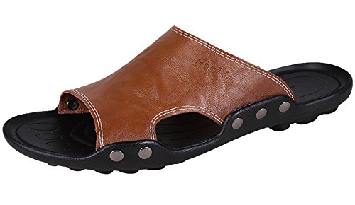 Men's Leather Slide Sandals Comfort Slip On Beach Summer Non Slip Flat Slipper Casual Shoes - Main Image