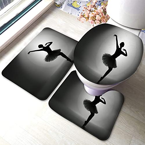 Badezimmerteppich-Set, 3-teilig, tanzende Ballerina-Silhouette im Dunkeln, waschbarer Badteppich, rutschfest, mit Rückenpolster, Konturteppich und Toilettendeckelbezug