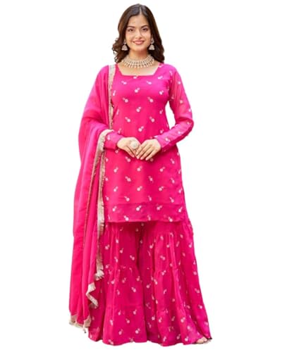 Women's Georgette Embroidery Salwar Suit Set Kurta Sharara with D...