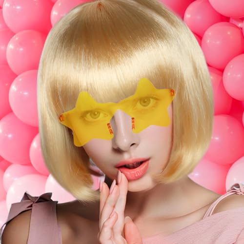 Image of ANOGOL Blonde Bob Wig with Bangs Blonde Golden Wigs for Women Colored Wigs | Hair Cap+Sunglasses Short Neon Wig for Bachelorette Party Funny Outfit for Women Halloween Costume Night Club Crazy Hair Day