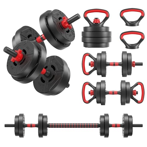 OLIXIS Adjustable Dumbbell 4 IN 1 Set, Changeable Dumbbells, Barbell, Kettlebells and Push Up Stand, Multi-Functional Exercise and Fitness for Home Gym, Black and Red,40lbs