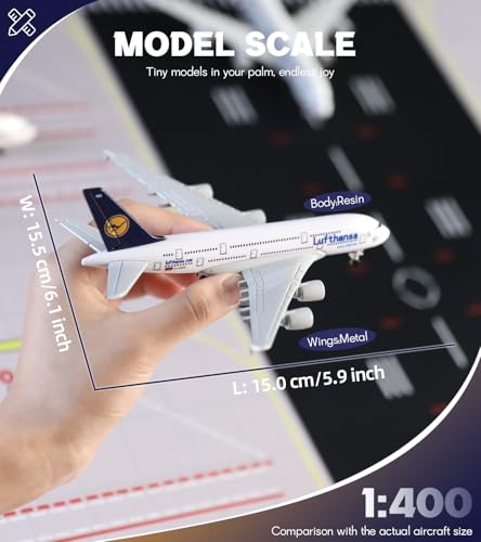 QIYUMOKE 1/400 A380 Metallmodell für Lufthansa Airbus A380 mit Rädern (15.5 cm) geeignet für Luftfahrt-Enthusiasten zum Ausstellen, kann auch als Geschenk oder Dekoration verwendet Werden
