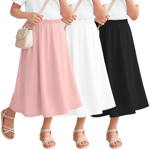 Vinsatin 3 Pack Girls Maxi Long Skirts 5-16 Years, 3-Color, 13-14 Years