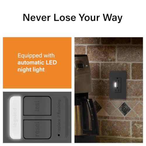 Image of Legrand radiant 1597NTLTRBKCC4 15 Amp Night Light GFCI Self Test Tamper-Resistant Decorator Duplex Outlet with Cool Touch LED, Black (1 Count)