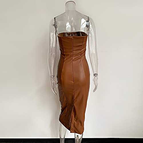 Xllais Women Strapless Tube Leather Midi Dress Sexy Long Bodycon Party Dress Brown Medium #TOP6