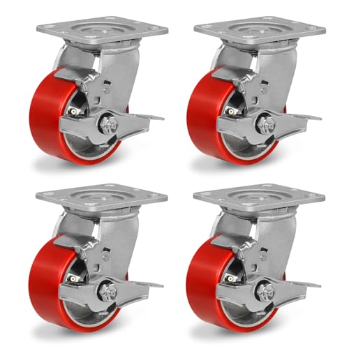 Heavy Duty Casters, 4'' Industrial Caster Wheels, Polyurethane Locking Casters Set of 4-3200lbs Capacity