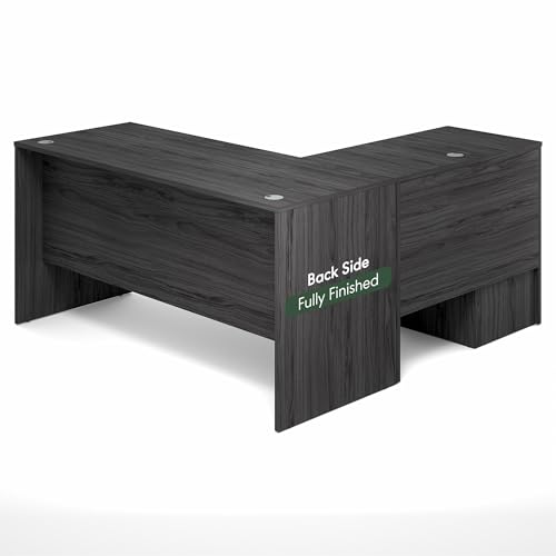 Image of Furinno Roger 60 Inch L-Shaped Executive Desk with File Cabinet, L-Shaped Office Desk with 3-Drawer Fixed Pedestal Filing Cabinet, Desk Cord Grommet, for Home Office, Coastal Grey